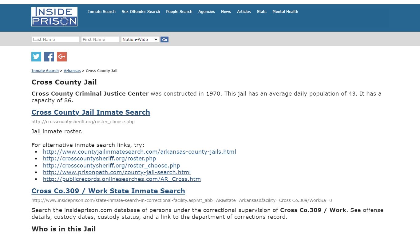 Cross County Jail - Arkansas - Inmate Search